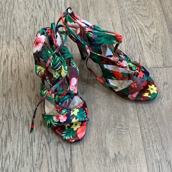 Cinderella Shoes - Cinderella of Boston Tropical Lace-Up Stiletto Heels in Green and Pink Size 4.5W